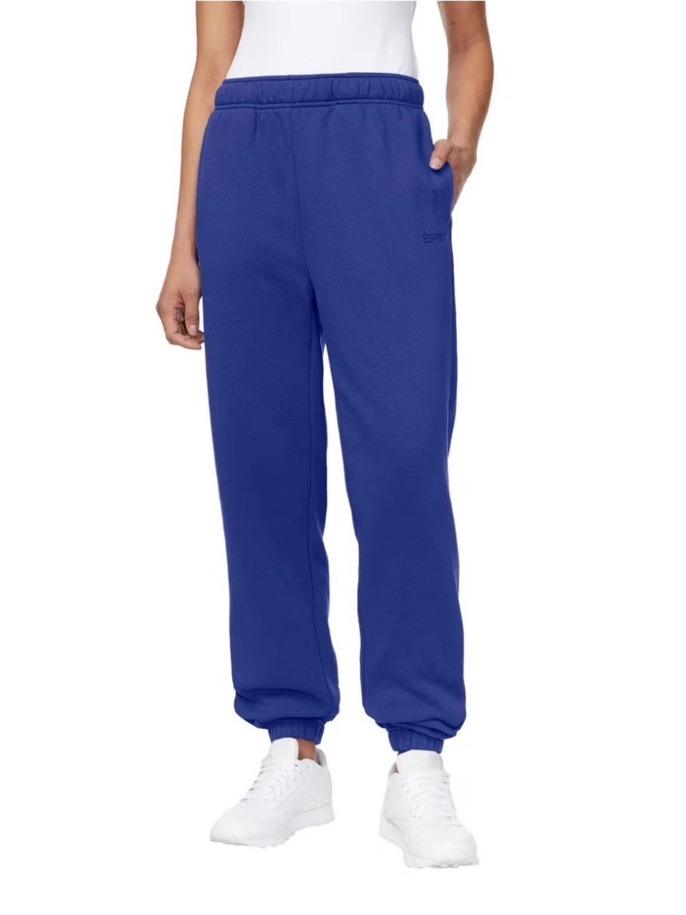 Esprit Women's Blue Embroidered Logo Fleece Jogger High-Rise Cotton Blend